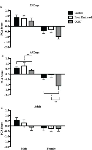Figure 2-3 The effect of food restriction or corticosterone (CORT) treatment on structural body size of song sparrows at (A) 25 days of age, (B) 45 days of age, and (C) in adulthood