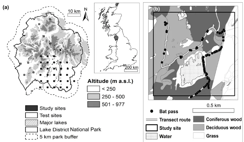 Fig. 1. (a) Lake District National Park, showing 5 km buffer, major lakes, relief, and study and test sites