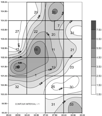 Figure 14. Site 44FQ161, excavation block, Stratum II, distribution of  fire-cracked rock (contour interval=1).