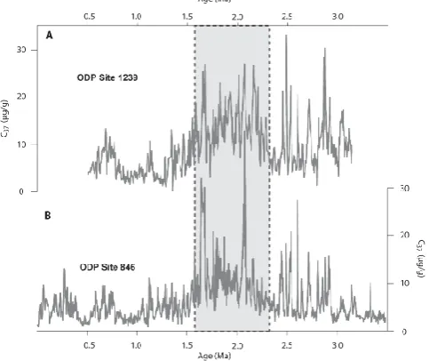 Fig. 4. Comparison of the C37 (µg g−1) records at Sites 1239 (A)and 846 (B).