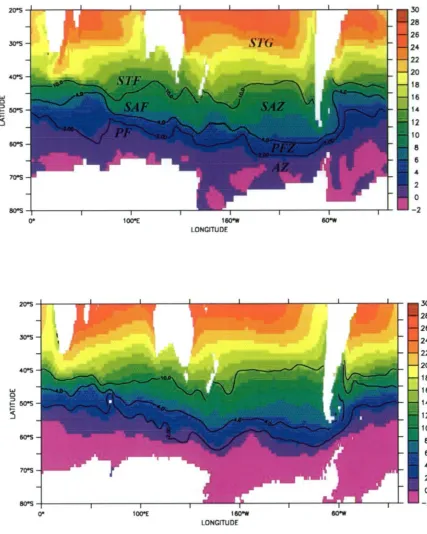 Figure 2.2 Surface temperature maps from the model (top) and WOA observations 
