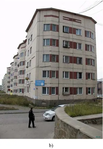 Figure 7. Adaptive seismic protection system by Ya. M. Eisenberg: a) general scheme of seismic protection system: 1 – bearing racks of the ground floor; 2 – connection panels; b) the facade of 122 series building in Severobaykalsk, where an adaptive seismi