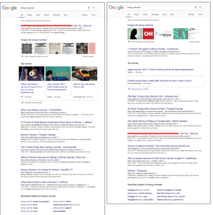 Figure 6. Two searches with slight linguistic variation in the query that show a much  larger variation in search results