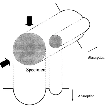 Figure 1. X-ray absorption projections through a slice of a specimen. This diagram shows two x-ray absorption projections, taken at different angles, through a slice of a simple specimen consisting of two cylinders
