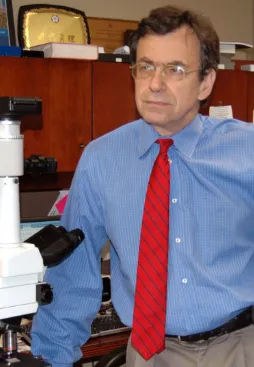 Fig. 6. Ivan Damjanov (MD-PhD), Professor of Pathology, photographed in 2009 in his office in the Department of Pathology at the University of Kansas School of Medicine, Kansas City, Kansas (USA)