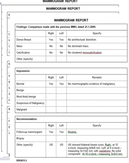 Fig. 4 Sample of mammogram report obtained from UKM Medical Center for data collection, and attribute selection of non-missing value