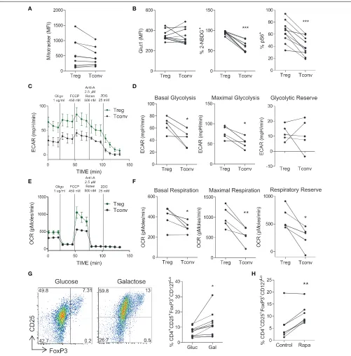 FIGURE 4 | Treg cells demonstrate increased glycolysis and oxidative phosphorylation relative to conventional T cells, but do not depend on glycolysisor Rapa treatment (isolated from healthy controls and cells were stainedabsence of rapamycin (Rapa)