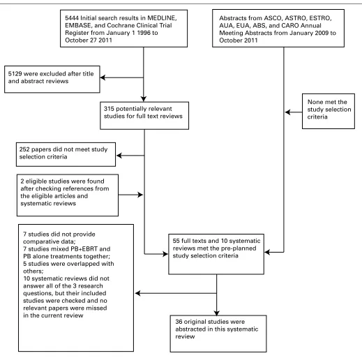 Fig. 1. Flow of studies considered for this systematic review. ASCO: American Society of Clinical Oncology; ASTRO: American Society for Radiation Oncology; ESTRO: European Society for Radiotherapy and Oncology; AUA: American Urological Association; EAU: European Association of Urology; ABS: American Brachytherapy Society; CARO: Canadian Association of Radiation Oncologists; PB: brachytherapy; EBRT: external beam radiation therapy.