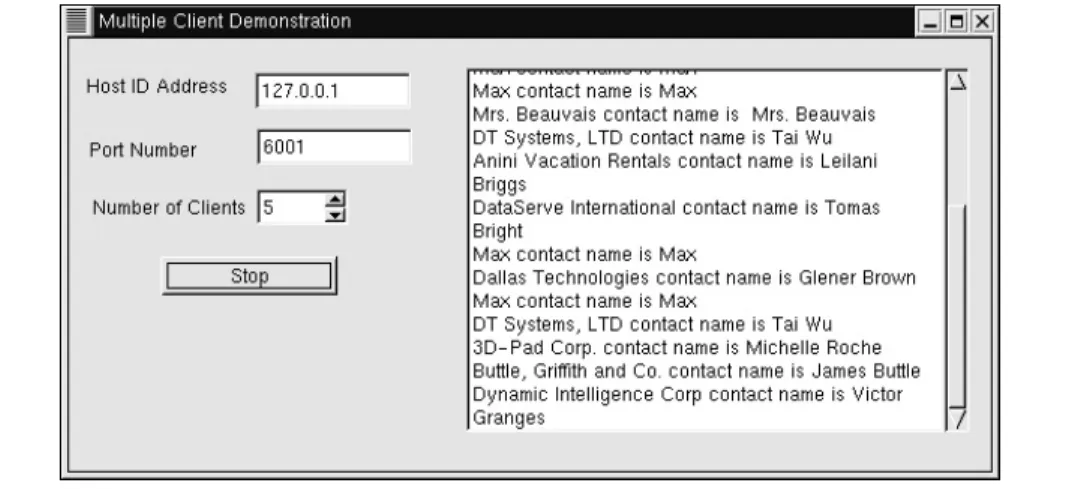 Figure 21-5 The DBClientThreaded application running five simultaneous threads, each using an IdTCPClient to make requests of the DBServer server