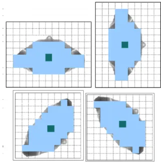 Figure 3.4: Representation of a pedestrian and approximation in fine grid cellular automata with different orientations [SHT10]