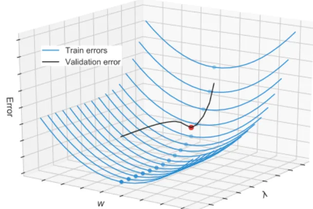 Figure 1. Each blue line represents the average training error when varying w in g w,λ and the corresponding inner minimizer is shown as a blue dot