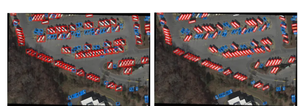 Fig. 5: Outputs of HBB (left) and OBB (right) prediction on an image of DOTA.