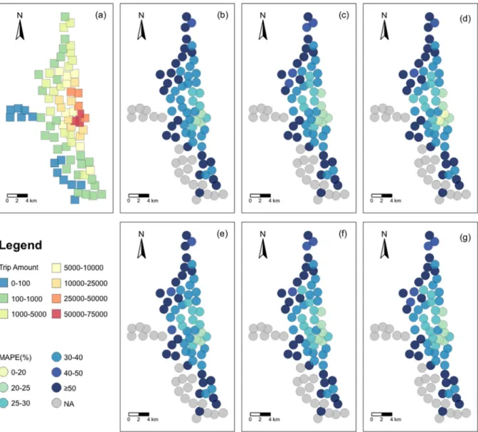Fig. 6. (a) travel demand; and MAPE of di ﬀerent model on Chicago dataset, (b) LSTM-TD, (c) LSTM-PGI, (d) LSTM-FGI, (e) XGBoost-TD, (f) XGBoost-PGI, (g) XGBoost-FGI.