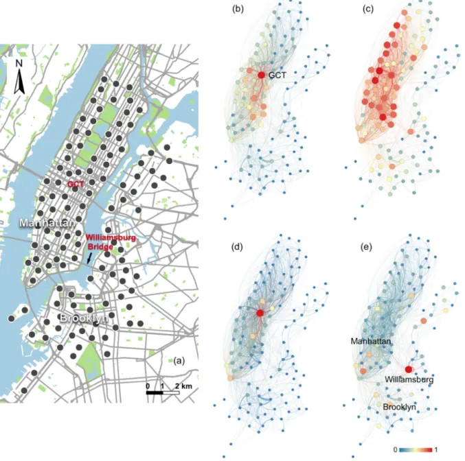 Fig. 2. An example of the spatial distribution of graph properties using 1 h of data, (a) station groups in New York, (b) out-strength, (c) out-degree, (d) PageRank, (e) betweenness.