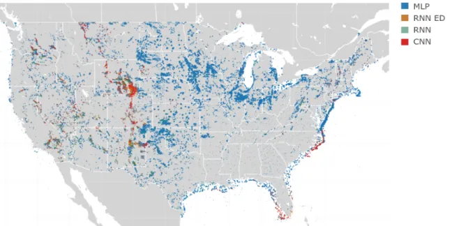 Figure 8. Graphical analysis of the best model for each site. Each site is colored with the best method in that site and shows some geographical wind patterns in the U.S