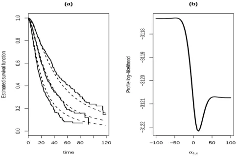Figure 3: Multiple myeloma data analysis. Figure (a): Kaplan-Meier estimates and fitted log-logistic survival functions (dashed lines) for patients with low, average, and good prognosis, respectively