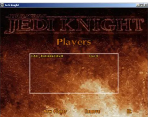 FIGURE 2 – Jedi Knight’s player selection screen. Player is automatically selected and highlighted by Jedi  Knight