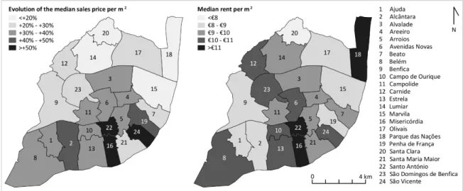 Figure 4. Evolution of the median sales price per m 2 of family dwellings between the first quarter of 2016 and the fourth quarter of 2017 (left) and median rent per m 2 of new lease contracts of family dwellings in 2017 (right)