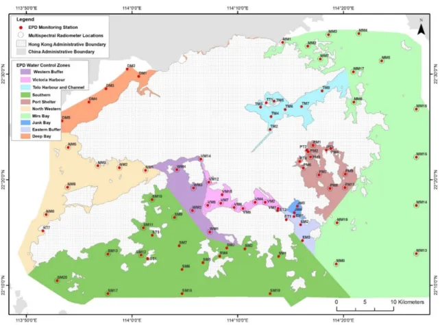 Figure 1. Water Control Zones (WCZ) of Hong Kong, Environmental Protection Department (EPD)  sampling stations, and MSR-16 sampling locations