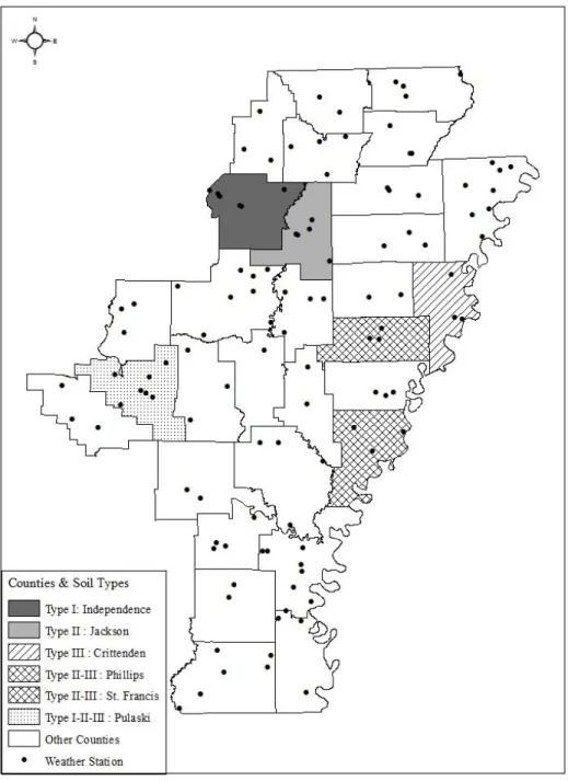Figure A-4. Locations of counties selected for analysis and corresponding weather  stations in Arkansas state 
