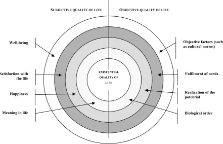 Figure 1. The integrative theory of the quality of life. The individual can best be compared to a green apple with red patches (a subjective and an objective quality of life, respectively, at the surface of an individual’s existence) with a hidden nucleus 