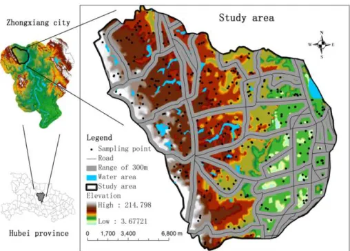 Figure 1. Location of the study area, road networks in the study area, and the spatial distribution of the historical sampling points