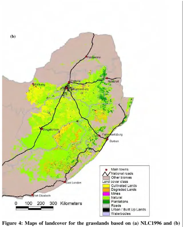 Figure 4: Maps of landcover for the grasslands based on (a) NLC1996 and (b)  NLC2000 