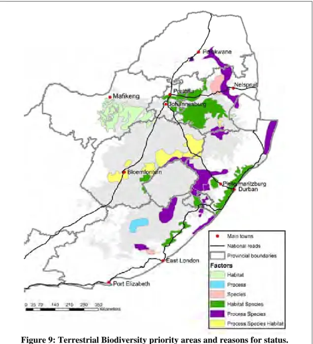 Figure 9: Terrestrial Biodiversity priority areas and reasons for status. 