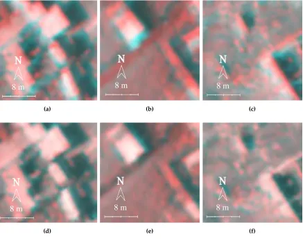Figure 7. Examples of co-registered patterns using PIV on original images (images ((a),(b),(c)) and on gradient(d),(e),(f))