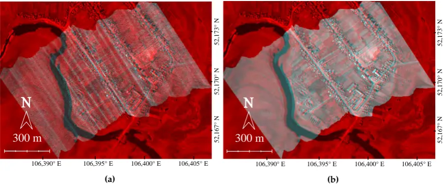 Figure 4. Orthoprojection of the scan lines (cyan) on top of the reference orthomosaic (red) above(without interpolation) anda village near the Selenga Delta of Lake Baikal