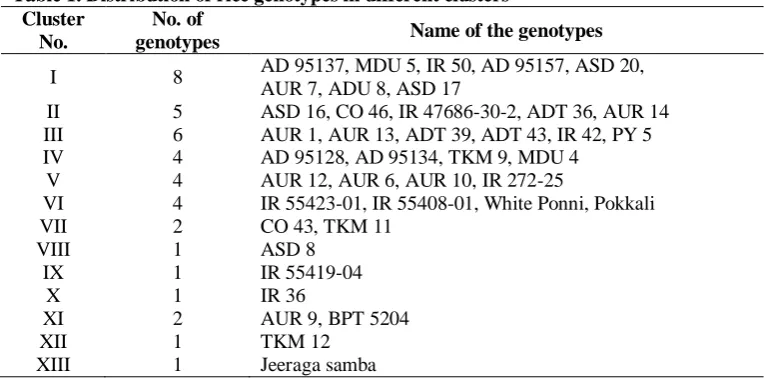 Table 1. Distribution of rice genotypes in different clusters Cluster No. of 