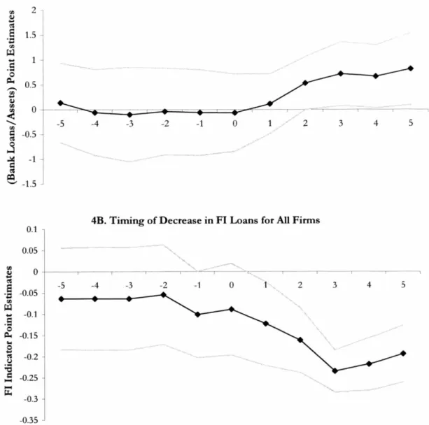 Figure 4. Timing of Changes in Loan Allocation. This figure plots point estimates from fully saturated OLS regressions of loan measures onto indicators for years pertaining to actual foreign bank entry