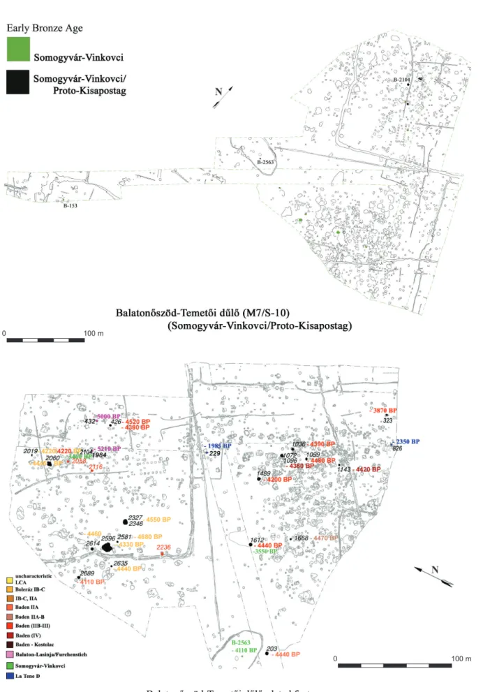 Figure 1.  Balatonőszöd-Temetői dűlő: 1 – Settlement features of the Early Bronze Age settlement; 2 – radiocarbon and TL/OSL dated Middle and Late  Copper Age, Early Bronze Age and Late Iron Age settlement features.