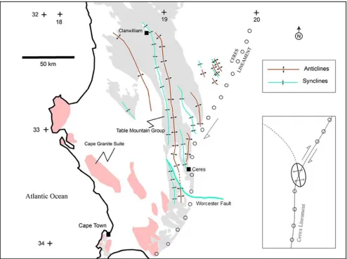 Figure 3. The en echelon fold structures of the NNW fold belt were compiled from published maps [17, 19, 20]