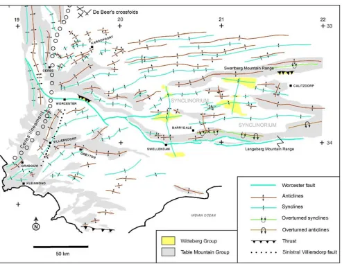 Figure 4. The structures of the EW fold belt were compiled from published maps [25, 26, 19, 8]