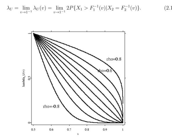 Figure 2.2: The function λ U (v) = lim v→1 −1 2P {X 1 > F 1 −1 (v)|X 2 = F 2 −1 (v)} for a bi- bi-variate normal distribution with correlation coefficients ρ = −0.8, −0.6, ..., 0.6, 0.8