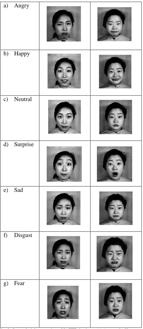 Fig. 2  Seven facial expression of JAFFE database; (a) Angry; (b) Happy; (c) Neutral; (d) Surprise; (e) Sad; (f) Disgust; (g) Fear  