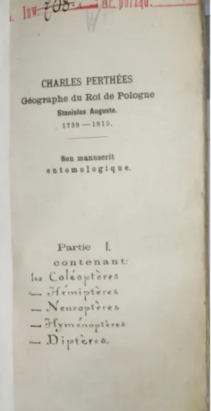 Fig.  1.  Title  page  of  the  first  volume  o f  the  manuscript  of  Charles  de  Perthees  (thanks  of the  courtesy  of the  Library  of  Institute  o f  Systematics  and  Evolution  of  Animals,  Polish  Academy o f Sciences,  Kraków).