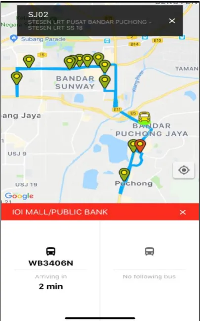 Figure 3. The interface of SITS showing the bus stations and the ETA of a bus. 