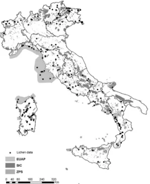 Fig. 1 - Map of all georeferenced data of lichen species  fulfilling Criterion A. 