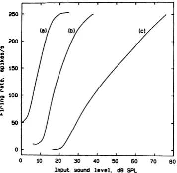 Figure 2.9: Single auditory nerve ﬁbres show an initial sharp onset response to a tone burst,followed by a decrease and ﬁnally a transient suppression of spontaneous activity at the oﬀsetof the stimulus