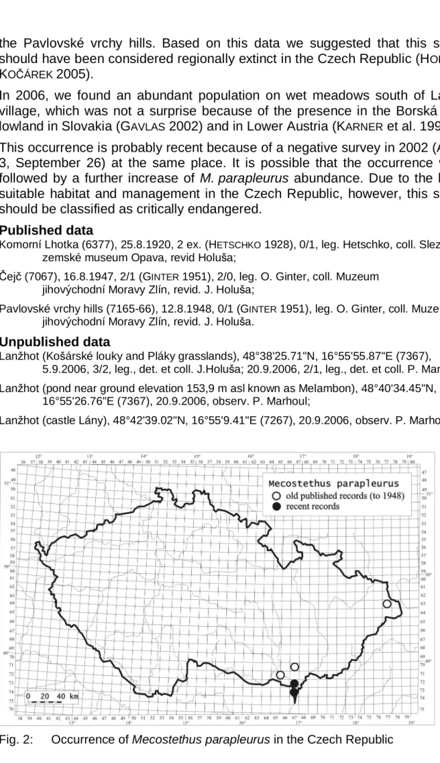 Fig. 2:  Occurrence of Mecostethus parapleurus in the Czech Republic