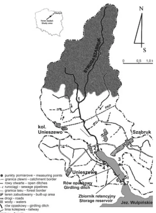 Fig. 1. Map of Sz¹bruk stream catchment area: 1  Sz¹bruk stream below the afforested catchment, 2  Sz¹bruk stream above the storage reservoir, 3  inflow from the drained catchment to the storage reservoir, 4  inflow from the drained catchment to the gi