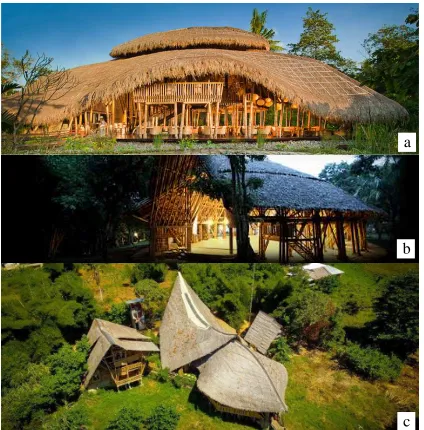 Fig. 1  Bamboo organic architecture: a.five element, puri ahimsa [8]; b.  main hall OBI eco campus [9]; c