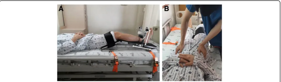 Fig. 1 The portable dynamometer anchoring system. (a) The portable dynamometer anchoring system for measuring supine isometric kneeextensor strength