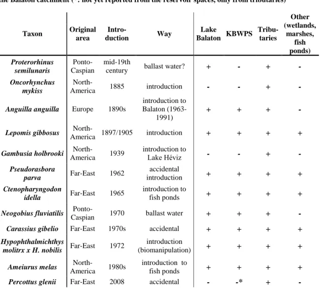 Table 1.: Introduction history, origin and occurrence of non-indigenous fish species currently inhabiting  the Balaton catchment (*: not yet reported from the reservoir spaces, only from tributaries) 