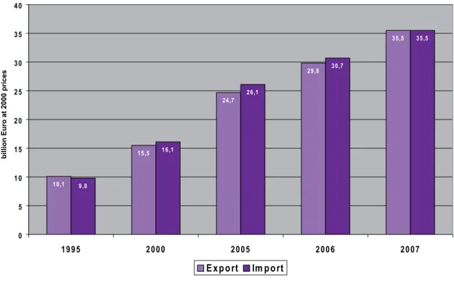 Figure 1-4:  Development of Export / Import 1995-2007 in billion Euros (2000 prices)