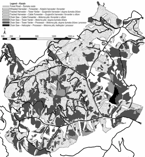 Fig. 3 Example of the Model map showing spatial distribution of best suitable harvesting systems after implementing cable forwarder technologySlika 3