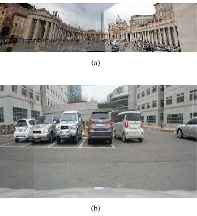 Fig. 6  Results after stitching process and cropping from scene and vehicle images: (a) 63x250 of image dimension and 32KB and (b) 390x223 of image dimension and 41KB of image size 
