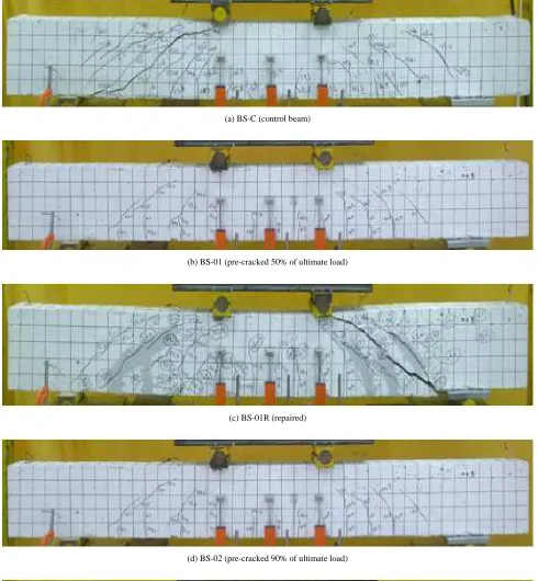 Fig. 4 Crack patterns of control, pre-cracked and repaired beams (BS type) 